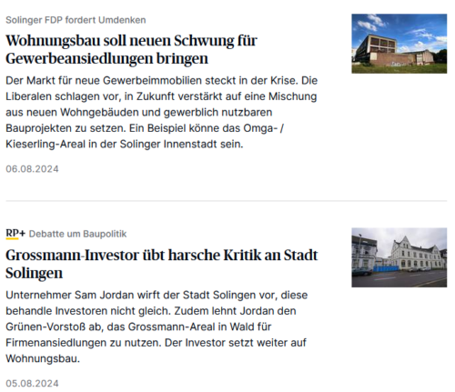 Screenshot aus Rheinscher Post mit Suchergebnis zu zwei Artikeln