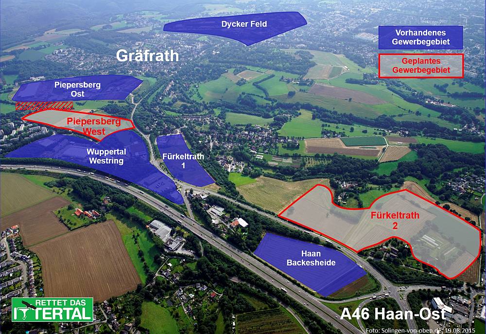 Luftbild zeigt die vorhandenen und geplanten Gewerbegebiete im oberen Ittertal rund um Ortskern von SG-Gräfrath